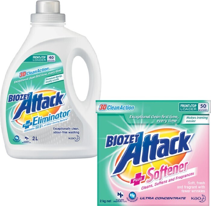 Biozet Attack Plus Laundry Liquid 2 Litre or Powder 2kg offer at Coles