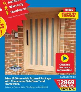 Doors Plus Eden 1200mm Wide External Package With Translucent Safeglass And Framework offer