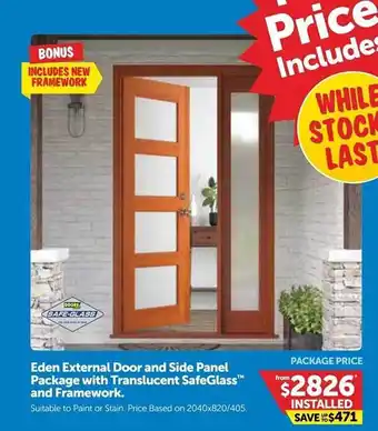 Doors Plus Eden External Door Adn Side Panel Package With Translucent Safeglass And Framework offer