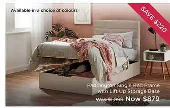 Snooze Paddington Single Bed Frame With Lift Up Storage Base offer