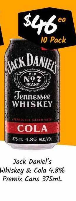 Cellarbrations Jack Daniel's Whiskey & Cola 4.8% Premix Cans offer