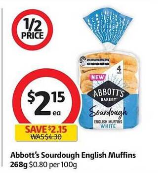 Coles Abbott's Sourdough English Muffins 268g offer