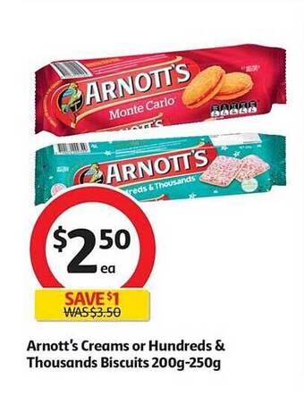 Coles Arnott's Creams Or Hundreds & Thousands Biscuits 200g-250g offer