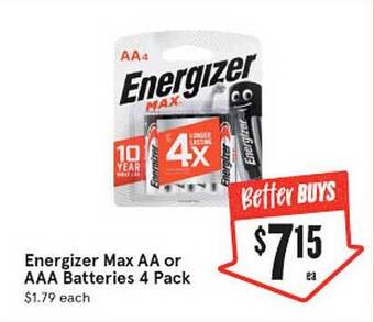 IGA Energizer Max AA Or AAA Batteries 4 Pack offer