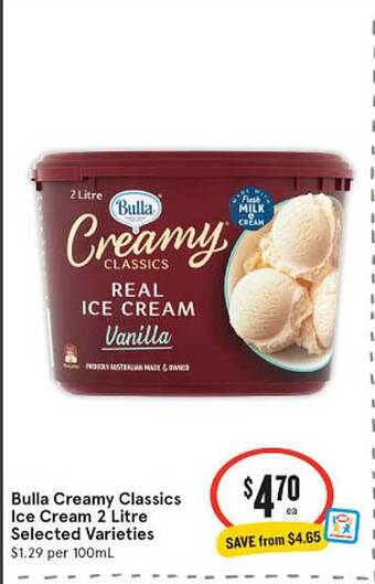 IGA Bulla Creamy Classics Ice Cream 2 Litre offer
