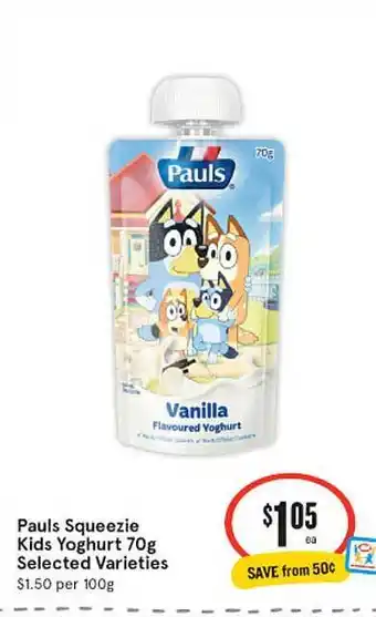 IGA Pauls Squeezie Kids Yoghurt 70g offer