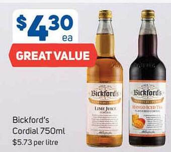 Foodland Bickford's Cordial 750ml offer