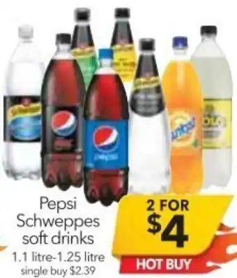 Cheap as Chips Pepsi Schweppes Soft Drinks 1.1 litre-1.25 litre offer
