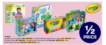 BIG W Crayola Light Up Activity Board, Scribble Scrubbie Ocean Lagoon, Marker Mixer, 64-pack Sidewalk Charl, Mini Marker Sprayer offer