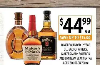 Supabarn Dimple Blended 12 Year Old Scotch Whisky, Makers Mark Bourbon And Jim Beam Black Extra Aged Bourbon offer