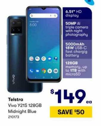 BIG W Telstra Vivo Y21s 128gb Midnight Blue offer