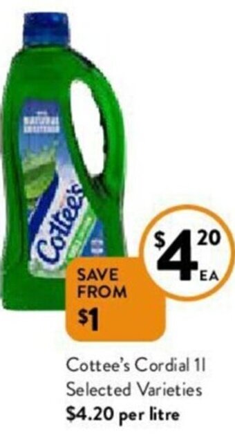 Foodworks Cottee's Cordial 1l offer
