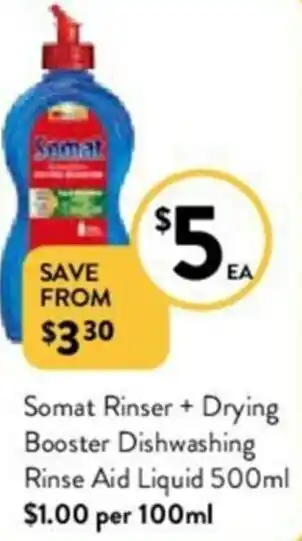 Foodworks Somat Rinser + Drying Booster Dishwashing Rinse Aid Liquid 500 ml offer
