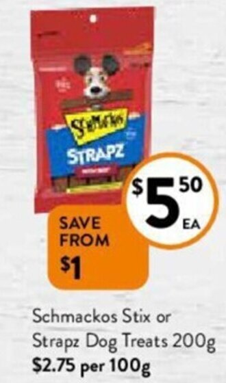 Foodworks Schmackos Stix or Strapz Dog Treats 200 g offer
