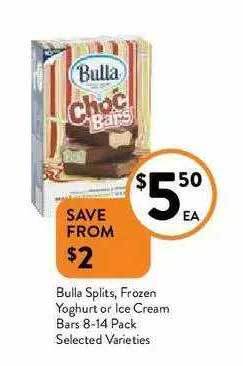 Foodworks Bulla Splits, Frozen Yoghurt Or Ice Cream Bars 8-14 Pack offer