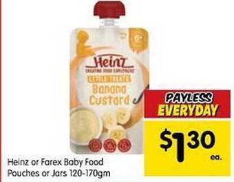 Spar Heinz Or Farex Baby Food Pouches Or Jars 120-170gm offer