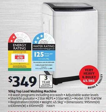 ALDI 10kg Top Load Washing Machine offer