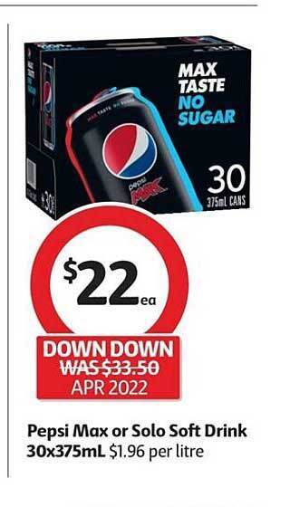 Coles Pepsi Max Or Solo Soft Drink 30x375mL offer
