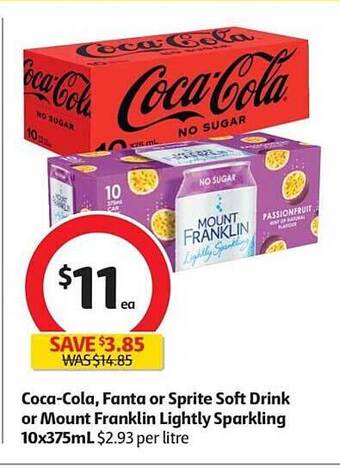 Coles Coca-Cola, Fanta Or Sprite Soft Drink Or Mount Franklin Lightly Sparkling 10x375mL offer