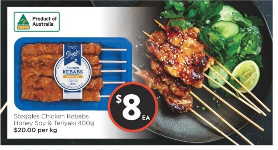 Steggles Chicken Kebabs Honey Soy & Teriyaki 400g offer at Foodworks