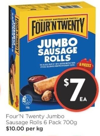Foodworks Four'N Twenty Jumbo Sausage Rolls 6 Pack 700g offer
