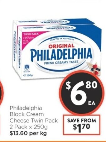 Foodworks Philadelphia Block Cream Cheese Twin Pack 2 pack x 250g offer