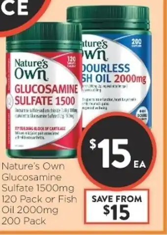 Nature's Own Glucosamine Sulfate 1500mg 120 Pack or Fish Oil 2000mg 200 Pack