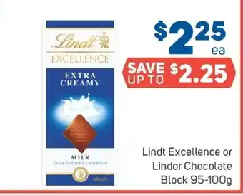 Lindt Excellence or Lindor Chocolate Block 95-100g