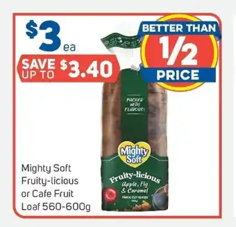 Foodland Mighty Soft Fruity-licious or Cafe Fruit Loaf 560-600g offer