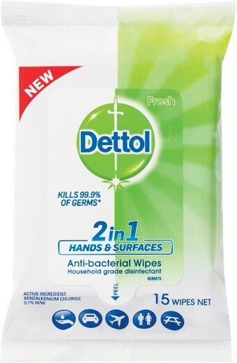 Woolworths Dettol 2 In 1 Hands & Surfaces Antibacterial Wipes Pk 15 offer