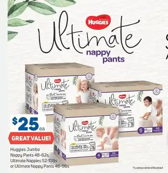 Foodland Huggies Jumbo Nappy Pants 48-62s, Ultimate Nappies 52-108s or Ultimate Nappy Pants 46-56s offer