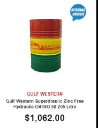 SuperCheap Auto Gulf Western - Gulf Western Superdraulic Zinc Free Hydraulic Oil ISO 68 205 Litre offer