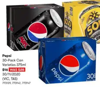BIG W Pepsi 30 Pack Can 773129,773142,773147 offer