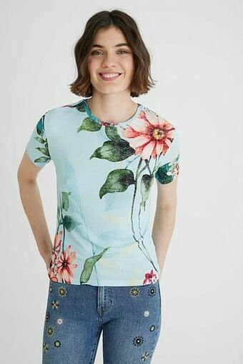 Desigual Fijngeribd T-shirt met bloemenprint - BLUE - M aanbieding
