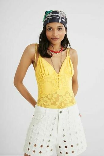 Desigual Geborduurde body met spaghettibandjes - YELLOW - S aanbieding