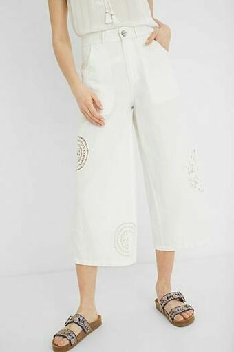 Desigual Cropped culotte-broek met borduursels - WHITE - 42 aanbieding