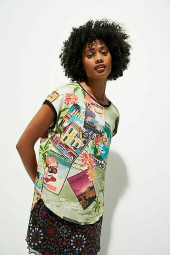 Desigual T-shirt met korte mouwen en ansichtkaarten - BROWN - M aanbieding