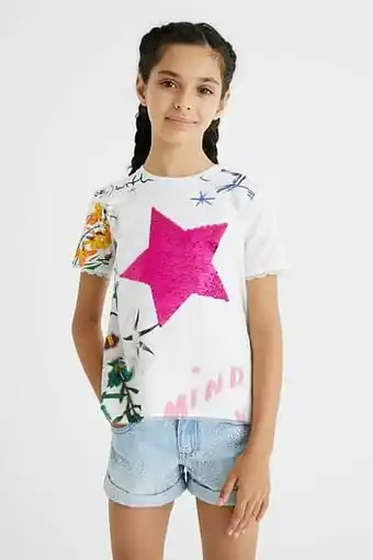 Desigual T-shirt met print van omkeerbare pailletten - WHITE - 7/8 aanbieding