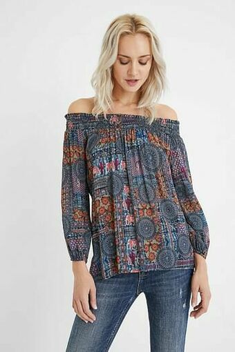 Desigual Boho blouse met off-the-shoulder-hals - BLUE - L aanbieding
