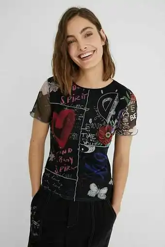 Desigual T-shirt met korte mouwen en tule - BLACK - S aanbieding