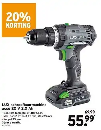 GAMMA Lux Tools schroefboormachine accu 20 v 2,0 ah aanbieding