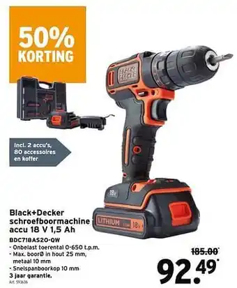 Black+decker schroefboormachine accu 18 v 1,5 ah bdc718as2o-qw