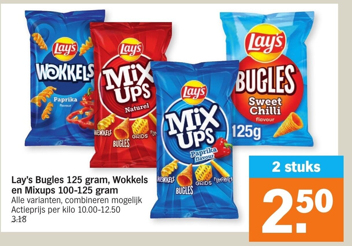 Lay's bugles 125g, wokkels en mixups 100125g promotie bij Albert Heijn