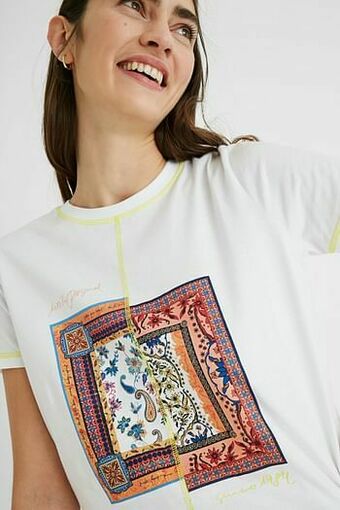Desigual 100% katoenen T-shirt met paisley-patch - WHITE - XL aanbieding