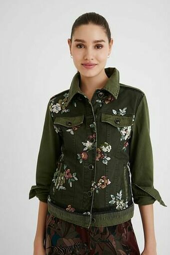 Desigual Slim fit spijkerjack met bloemen - GREEN - 40 aanbieding