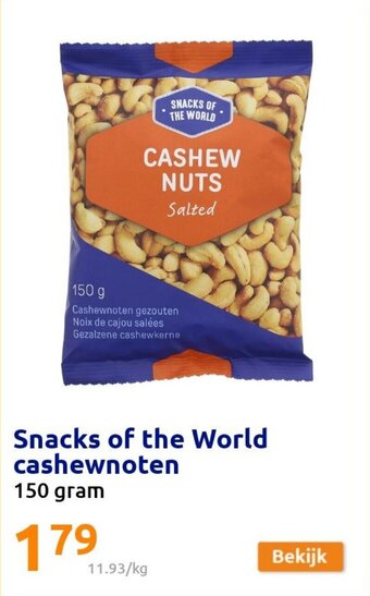 Action Snacks of the World Cashewnoten 150 gram aanbieding