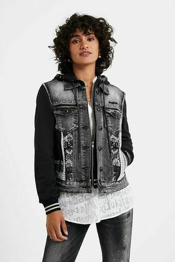 Desigual Truckerjack met twee materialen en capuchon - BLUE - 36 aanbieding