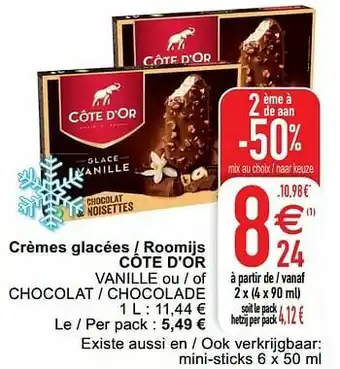 Crèmes glacées - roomijs côte d`or vanille ou - of chocolat - chocolade