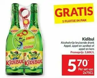 Intermarché Kidibul alcoholvrije bruisende drank appel, appel en aardbei of appel en kers aanbieding