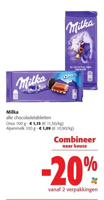 Colruyt Milka Oreo 100g, Alpenmelk 100g aanbieding